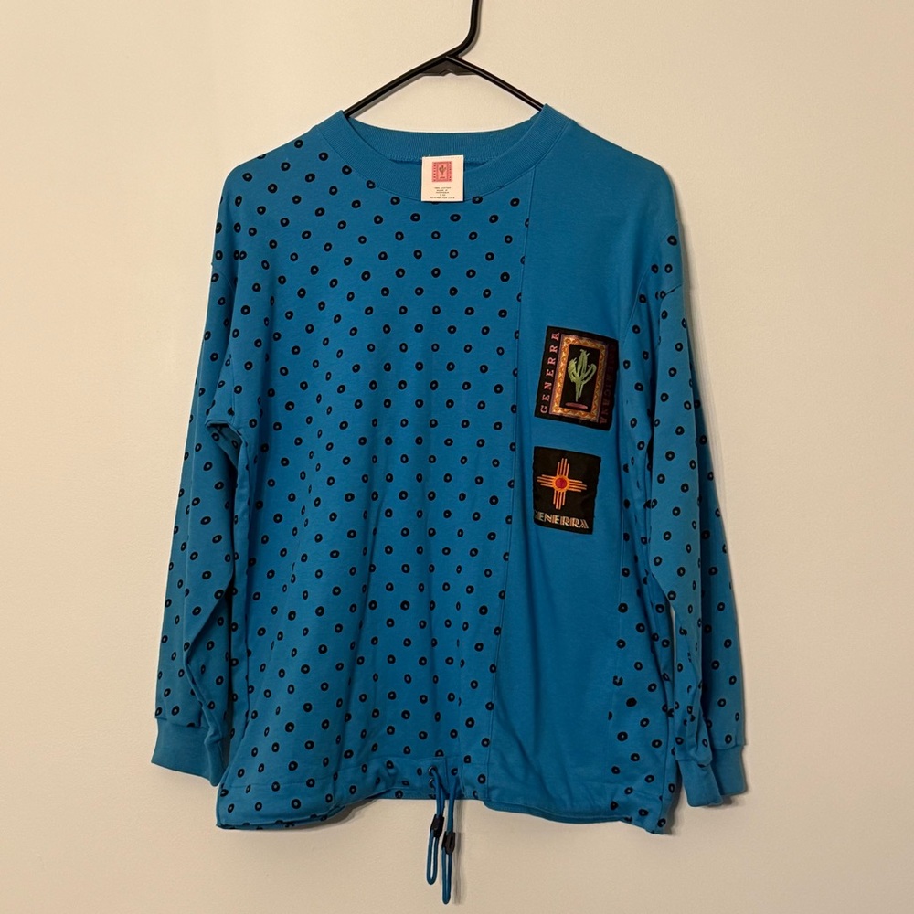 🌵✨ Generra Americana Vintage Blue Sweatshirt Southwestern Patchwork Drawstring
